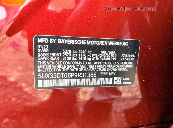 5UX33DT06P9R31386 2023 BMW X4 Red Вид наклейки з VIN-кодом