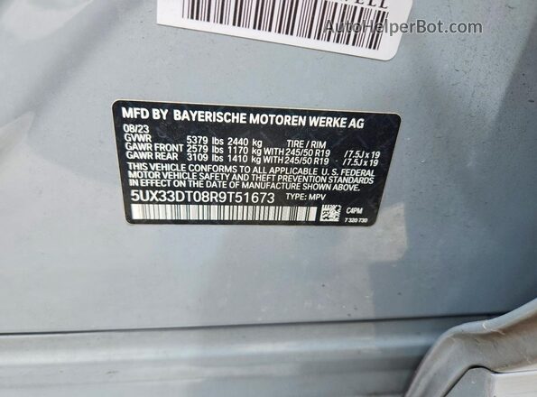 5UX33DT08R9T51673 2024 BMW X4 Gray Вид наклейки з VIN-кодом