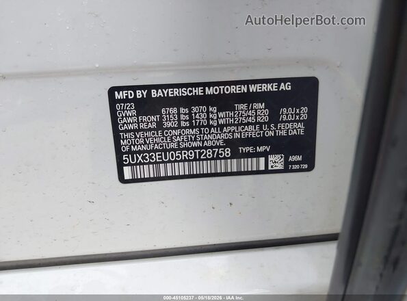 5UX33EU05R9T28758 2024 BMW X5 White Engine compartment view
