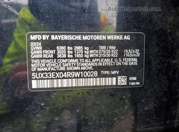 5UX33EX04R9W10028 2024 BMW X6 Blue VIN sticker view