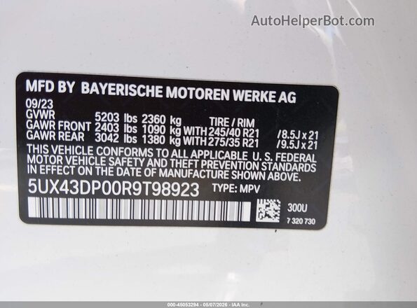 5UX43DP00R9T98923 2024 BMW X3 Белый Вид подкапотного пространства