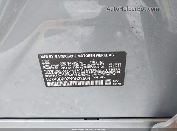 5UX43DP02N9N32504 2022 BMW X3 Gray Вид підкапотного простору