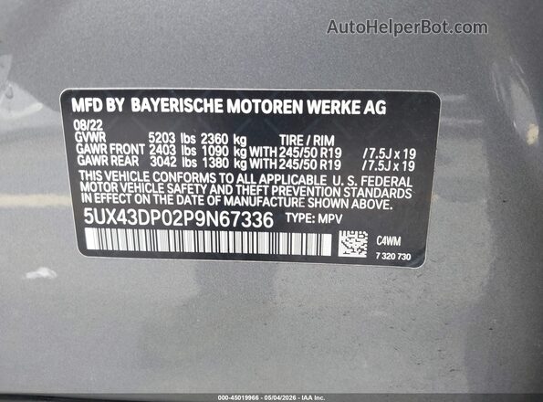 5UX43DP02P9N67336 2023 BMW X3 Gray Շարժիչի բաժամունքի տեսք