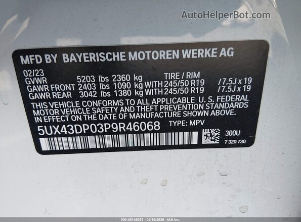 5UX43DP03P9R46068 2023 BMW X3 White 