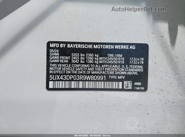 5UX43DP03R9W80991 2024 BMW X3 White Widok komory silnika