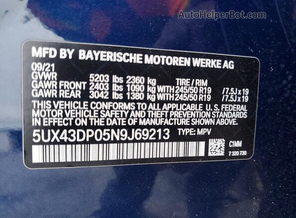 5UX43DP05N9J69213 2022 BMW X3 Blue Панорамний вид салону 360°