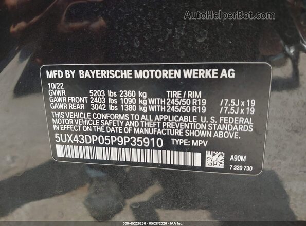 5UX43DP05P9P35910 2023 BMW X3 Gray Widok komory silnika