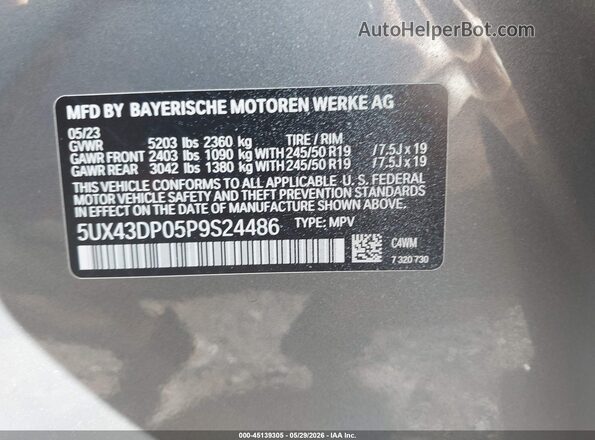 5UX43DP05P9S24486 2023 BMW X3 Gray 