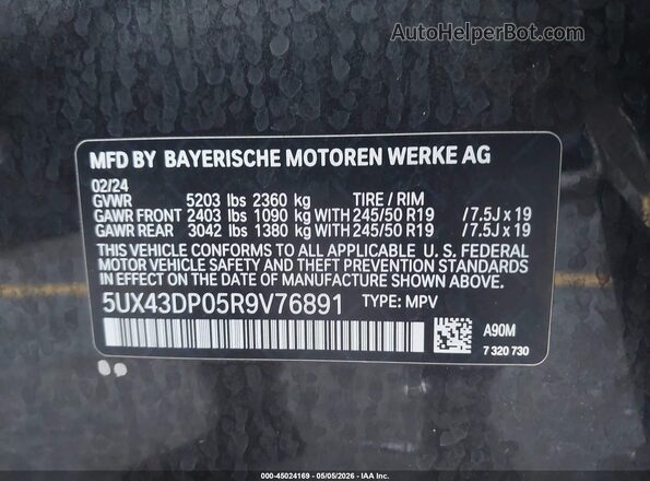 5UX43DP05R9V76891 2024 BMW X3 Black ძრავის განყოფილების ხედი