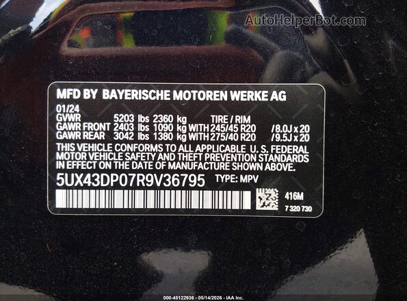 5UX43DP07R9V36795 2024 BMW X3 Черный Вид подкапотного пространства