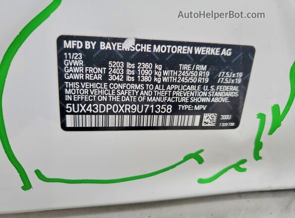 5UX43DP0XR9U71358 2024 BMW X3 White 