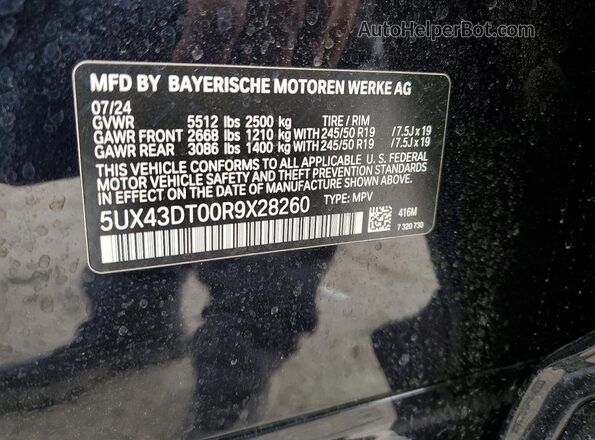 5UX43DT00R9X28260 2024 BMW X4 Black VIN կոդի պիտակի տեսք