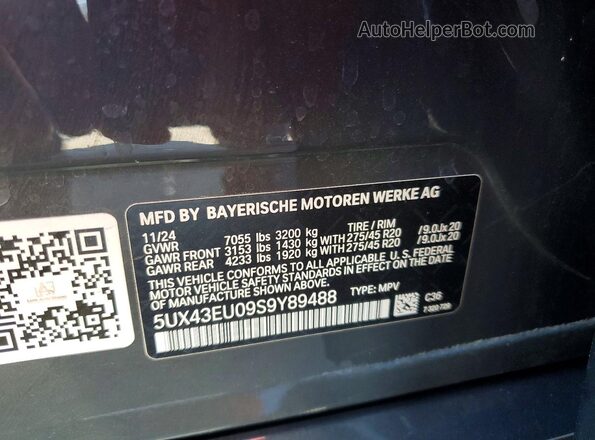 5UX43EU09S9Y89488 2025 BMW X5 Серый Вид наклейки с VIN-кодом