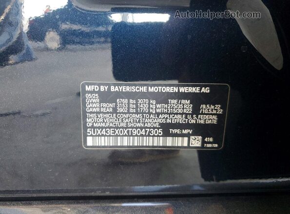 5UX43EX0XT9047305 2026 BMW X6 Black Vista de la etiqueta del VIN