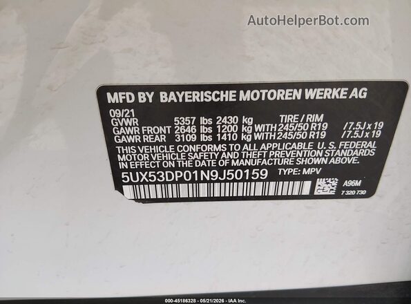 5UX53DP01N9J50159 2022 BMW X3 White Вид підкапотного простору