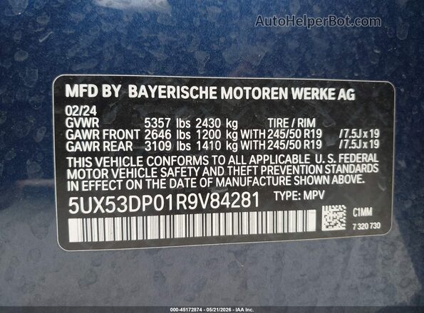 5UX53DP01R9V84281 2024 BMW X3 Blue Вид підкапотного простору