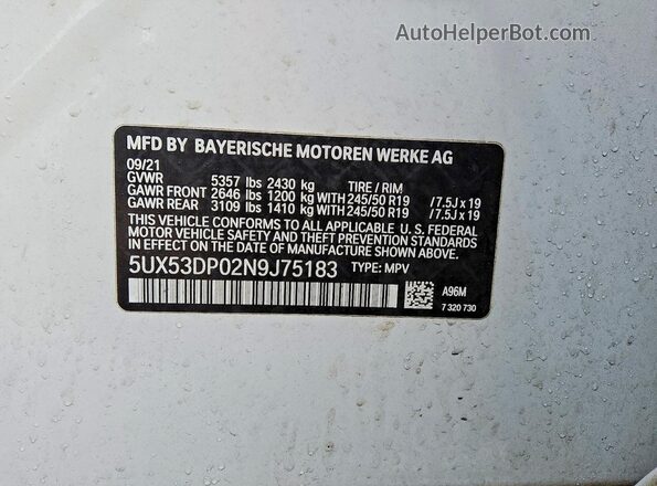 5UX53DP02N9J75183 2022 BMW X3 White Вид наклейки з VIN-кодом