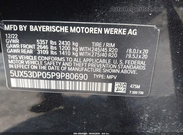 5UX53DP05P9P80690 2023 BMW X3 Black 