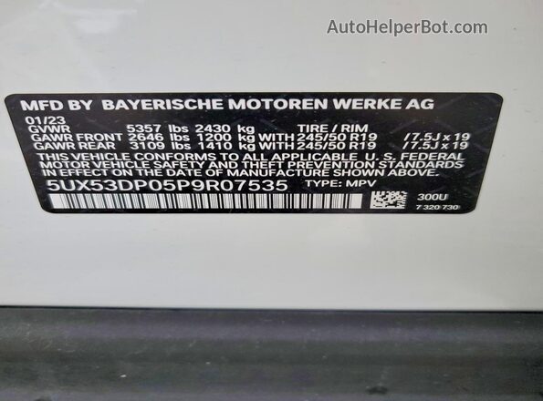 5UX53DP05P9R07535 2023 BMW X3 White სალონის 360-გრადუსიანი ხედი