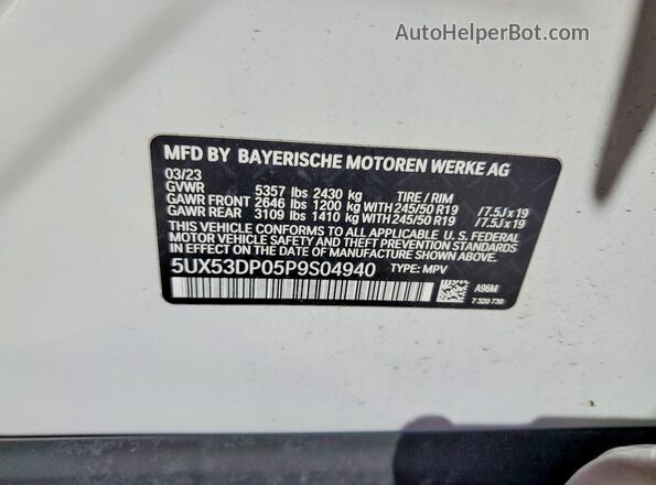 5UX53DP05P9S04940 2023 BMW X3 White Սալոնի 360 աստիճան տեսք