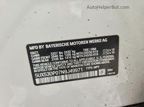 5UX53DP07N9J49971 2022 BMW X3 White 