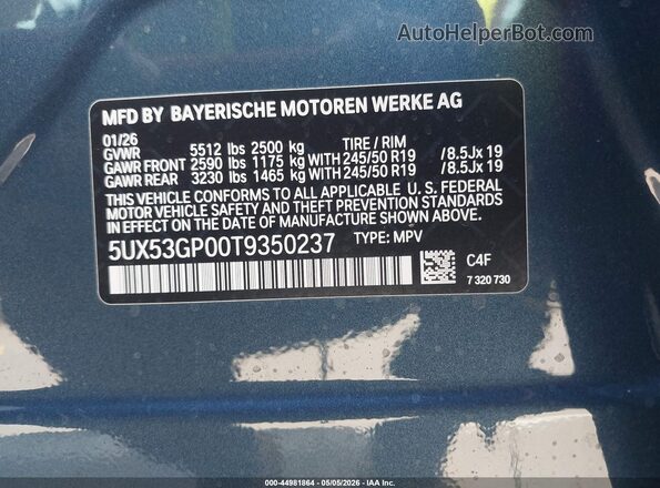 5UX53GP00T9350237 2026 BMW X3 Blue 