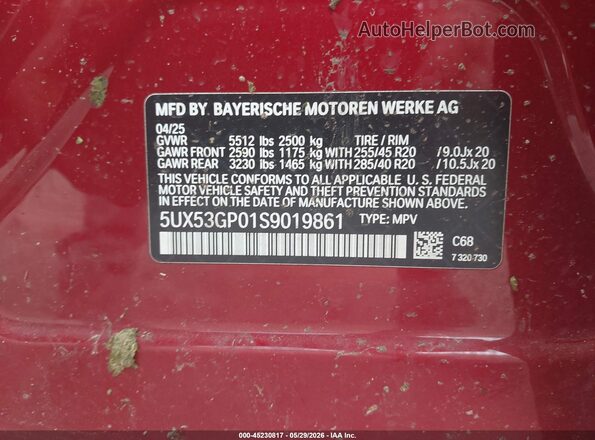 5UX53GP01S9019861 2025 BMW X3 Red Շարժիչի բաժամունքի տեսք