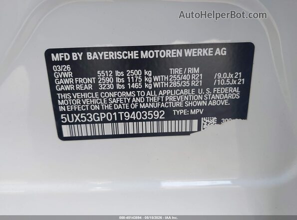 5UX53GP01T9403592 2026 BMW X3 White Շարժիչի բաժամունքի տեսք