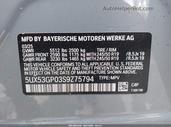 5UX53GP03S9Z75794 2025 BMW X3 Gray Շարժիչի բաժամունքի տեսք