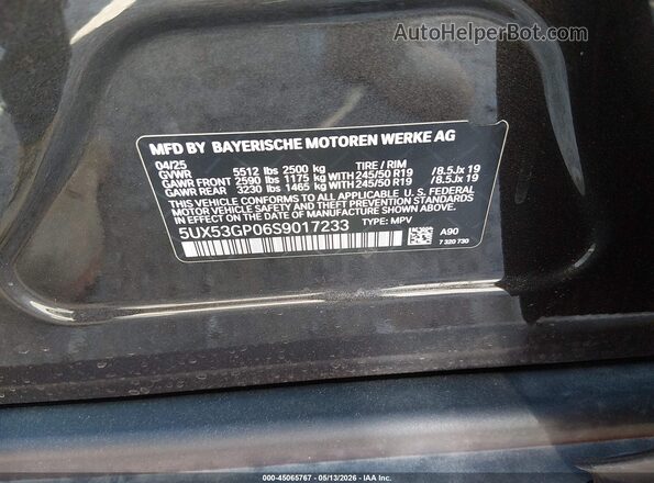 5UX53GP06S9017233 2025 BMW X3 Black Widok komory silnika
