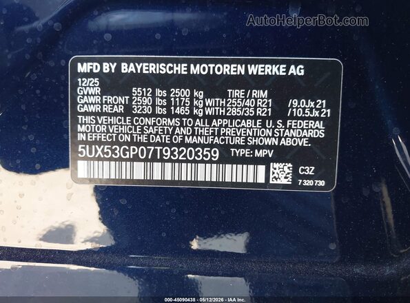 5UX53GP07T9320359 2026 BMW X3 Blue Vista del compartimento del motor