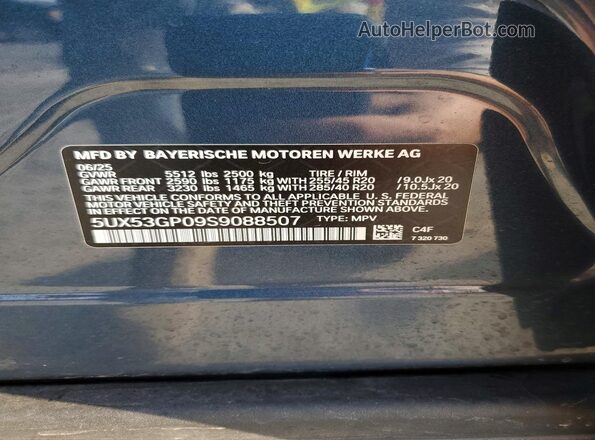 5UX53GP09S9088507 2025 BMW X3 Blue VIN sticker view