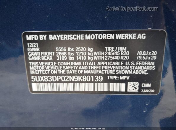 5UX83DP02N9K80139 2022 BMW X3 Blue Շարժիչի բաժամունքի տեսք