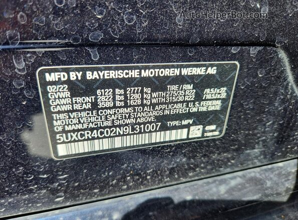 5UXCR4C02N9L31007 2022 BMW X5 Charcoal 