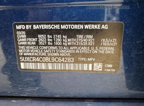 5UXCR4C08L9C64283 2020 BMW X5 Blue 
