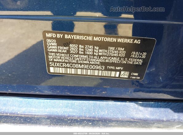 5UXCR4C08M9E00963 2021 BMW X5 Blue Շարժիչի բաժամունքի տեսք