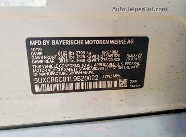 5UXCR6C01L9B20022 2020 BMW X5 White Vista de la etiqueta del VIN