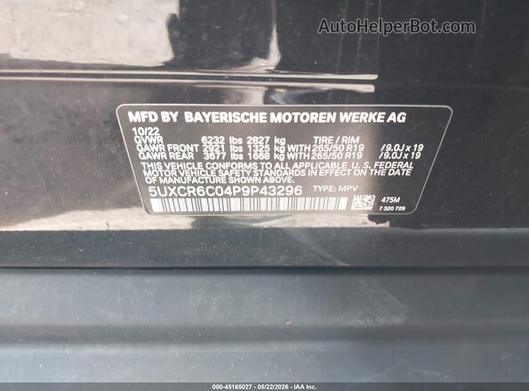 5UXCR6C04P9P43296 2023 BMW X5 Black 