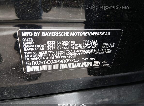 5UXCR6C04P9R09705 2023 BMW X5 Black ძრავის განყოფილების ხედი