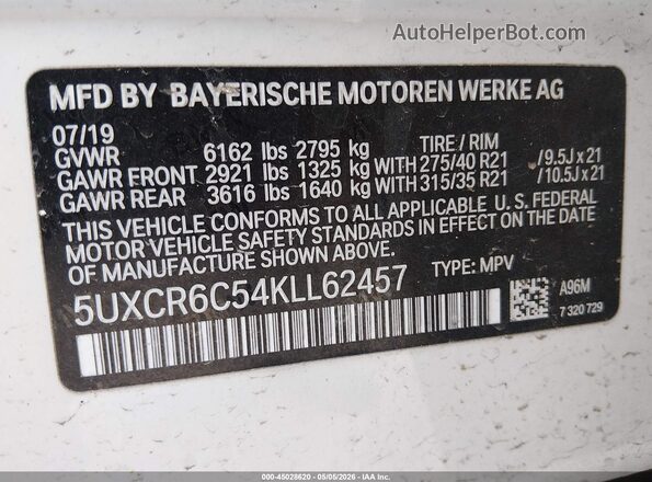 5UXCR6C54KLL62457 2019 BMW X5 White ძრავის განყოფილების ხედი
