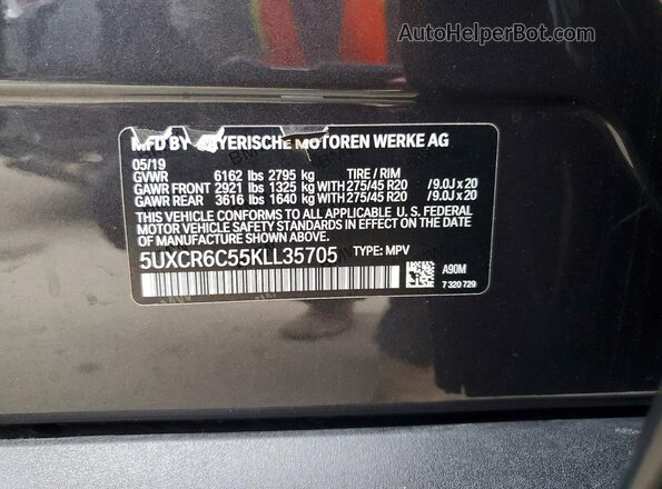 5UXCR6C55KLL35705 2019 BMW X5 Charcoal Vista de la etiqueta del VIN