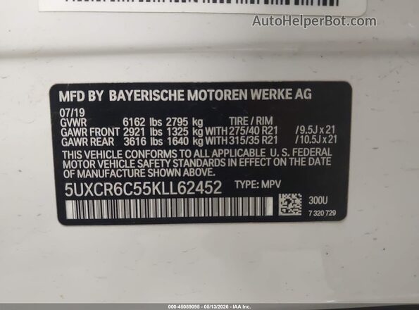 5UXCR6C55KLL62452 2019 BMW X5 White Vista del compartimento del motor