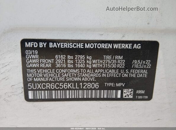 5UXCR6C56KLL12806 2019 BMW X5 White Вид підкапотного простору