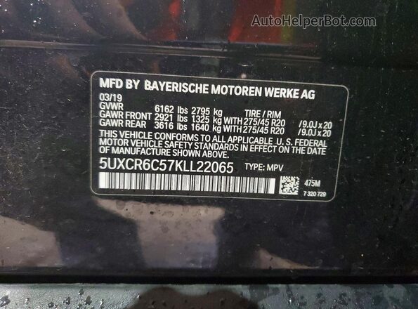 5UXCR6C57KLL22065 2019 BMW X5 Черный Панорамный вид салона 360°