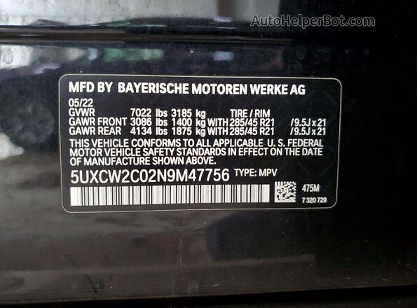 5UXCW2C02N9M47756 2022 BMW X7 Black Widok naklejki z numerem VIN
