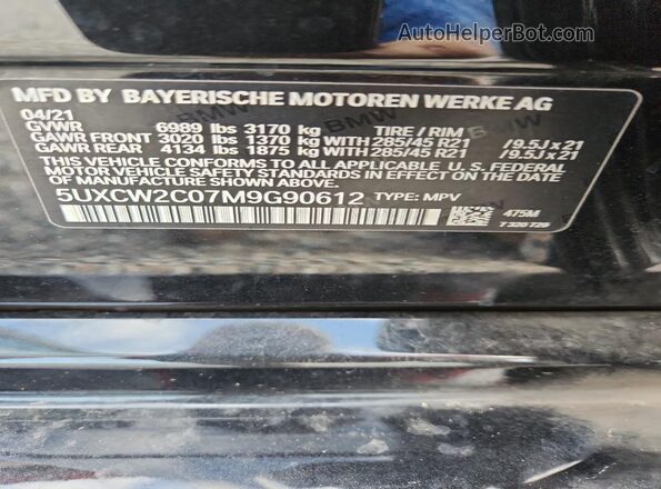 5UXCW2C07M9G90612 2021 BMW X7 Black Widok naklejki z numerem VIN