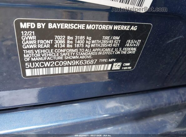5UXCW2C09N9K63687 2022 BMW X7 Blue Engine compartment view