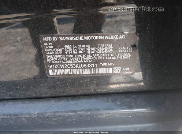 5UXCW2C53KL083311 2019 BMW X7 Black Շարժիչի բաժամունքի տեսք