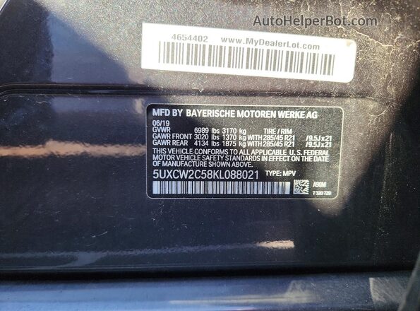 5UXCW2C58KL088021 2019 BMW X7 Black Вид наклейки з VIN-кодом