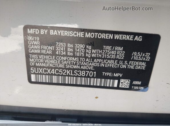 5UXCX4C52KLS38701 2019 BMW X7 White Շարժիչի բաժամունքի տեսք
